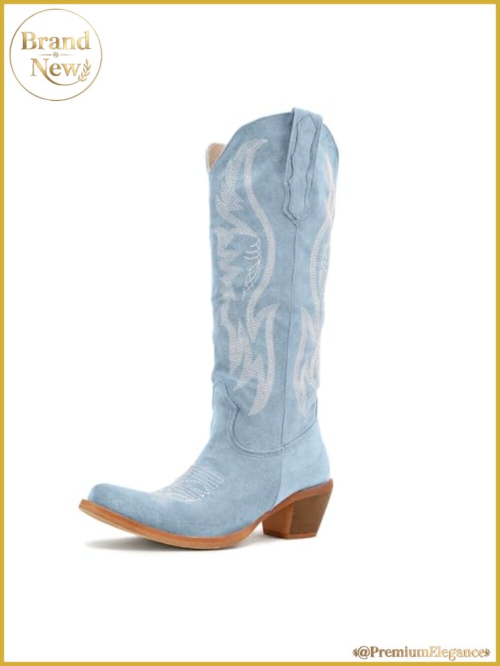 Faux Suede Mid Calf Cowboy Boots with Embroidery Chunky Heel Pull On Western